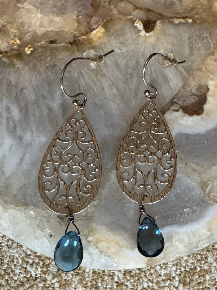 Teardrop Filigree Dangle Earrings with Blue Stone Accents – Silver Tone
