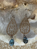 Teardrop Filigree Dangle Earrings with Blue Stone Accents – Silver Tone