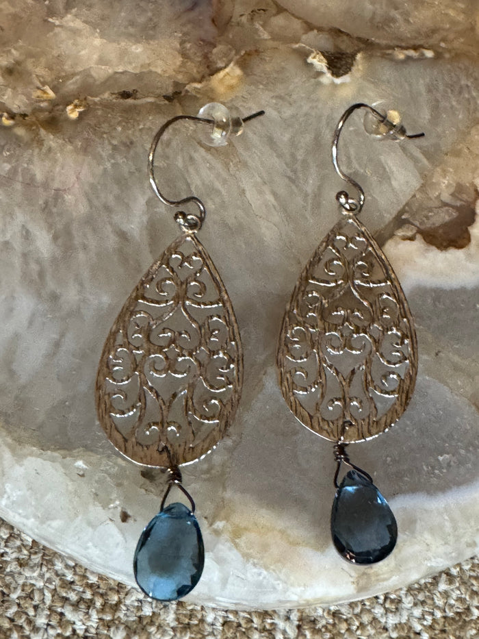 Teardrop Filigree Dangle Earrings with Blue Stone Accents – Silver Tone