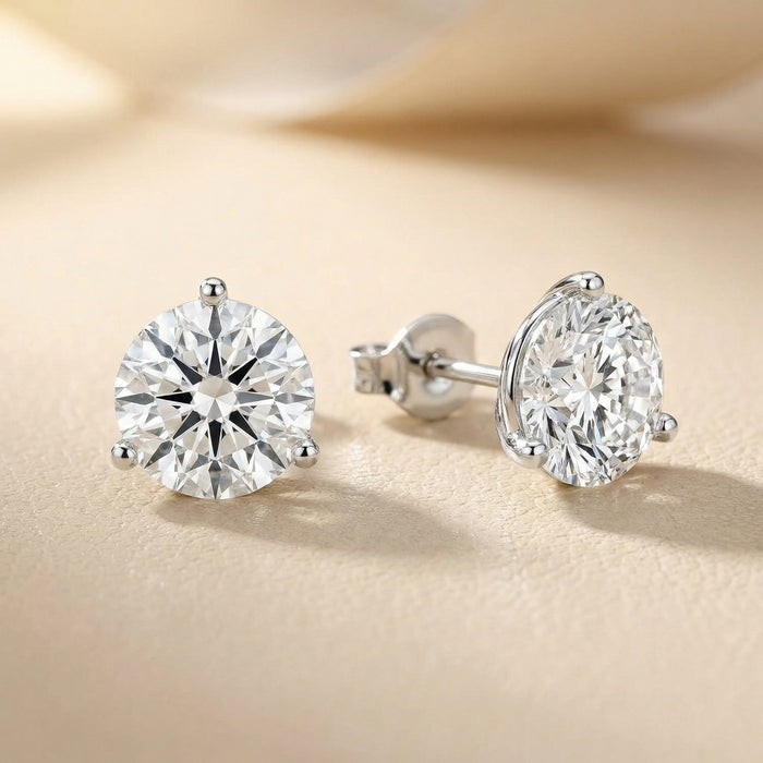 Three Prong Martini Round Diamond Stud Earrings in Silver