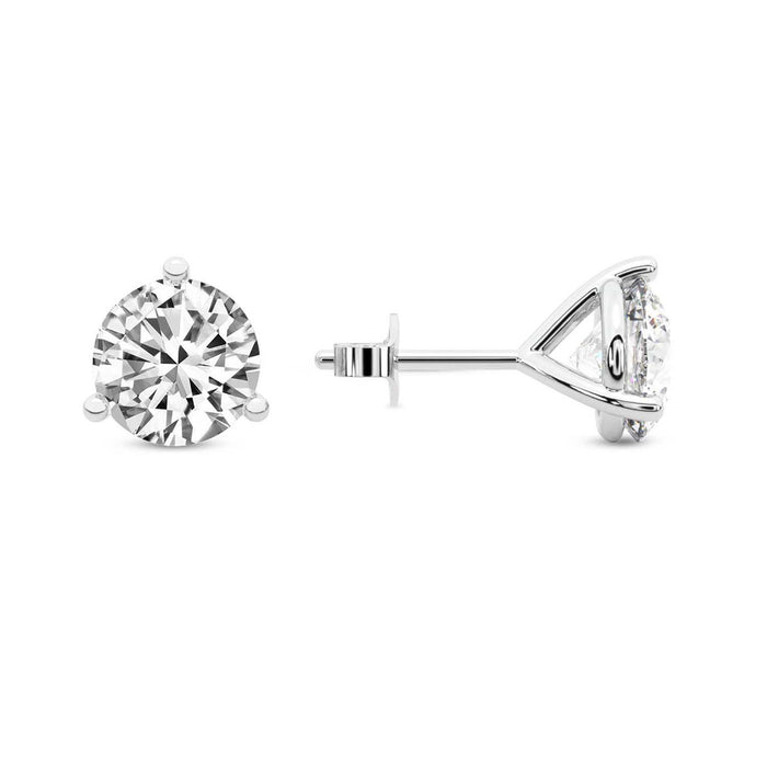 Three Prong Martini Round Diamond Stud Earrings in Silver - Left
