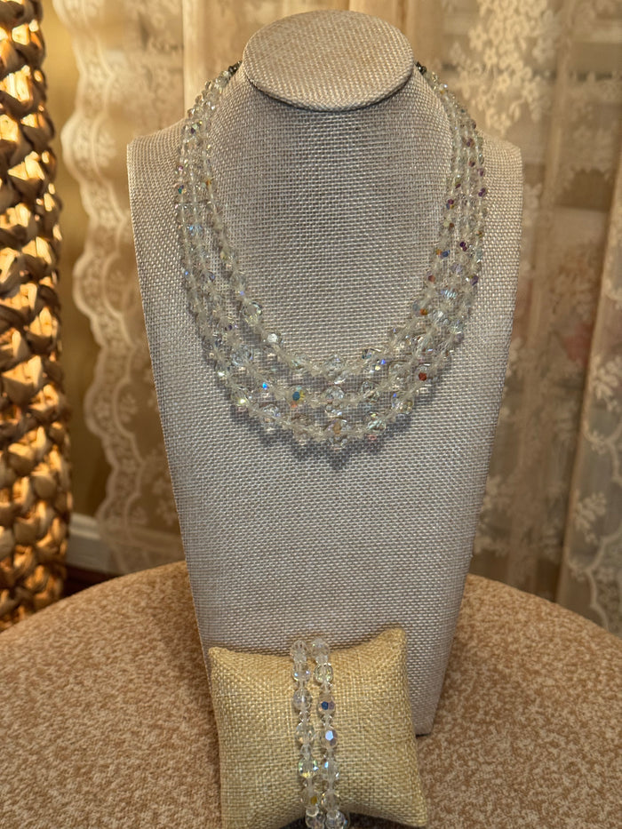 Vintage 1950s Aurora Borealis Graduated Crystal Necklace & Bracelet Set