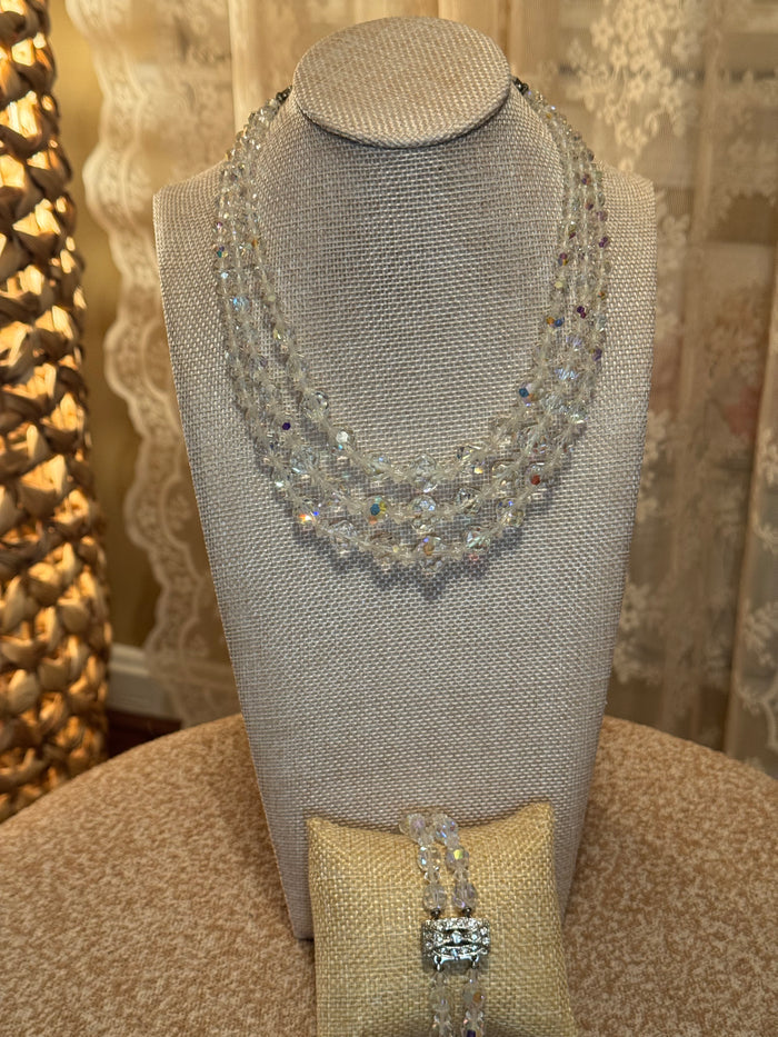 Vintage 1950s Aurora Borealis Graduated Crystal Necklace & Bracelet Set