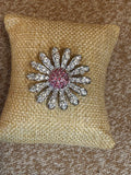 Vintage Signed Swarovski Crystal Daisy Brooch – Rhodium Finish with Pink Crystal Center, 14-Petal Floral Pin